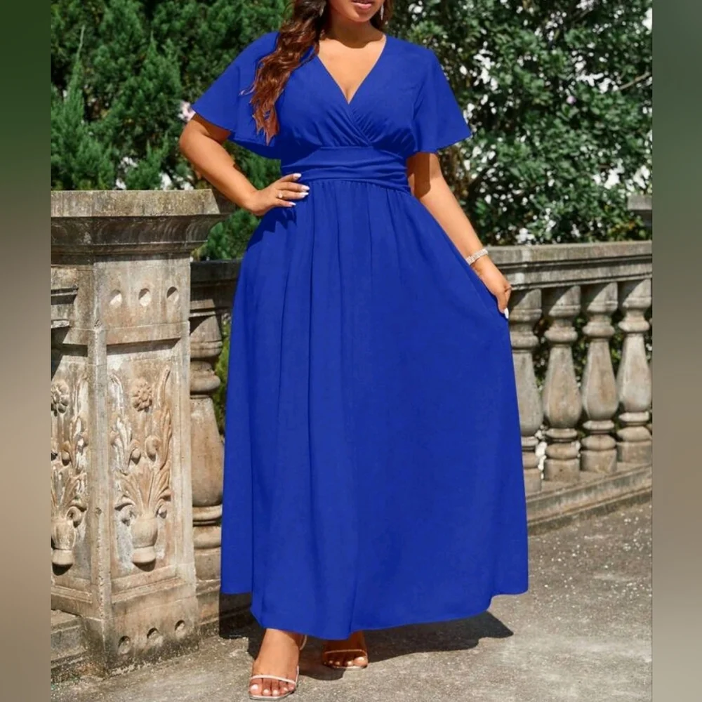 NEW Chic Ruched Waist Flutter Sleeve Maxi Dress PLUS Royal Blue